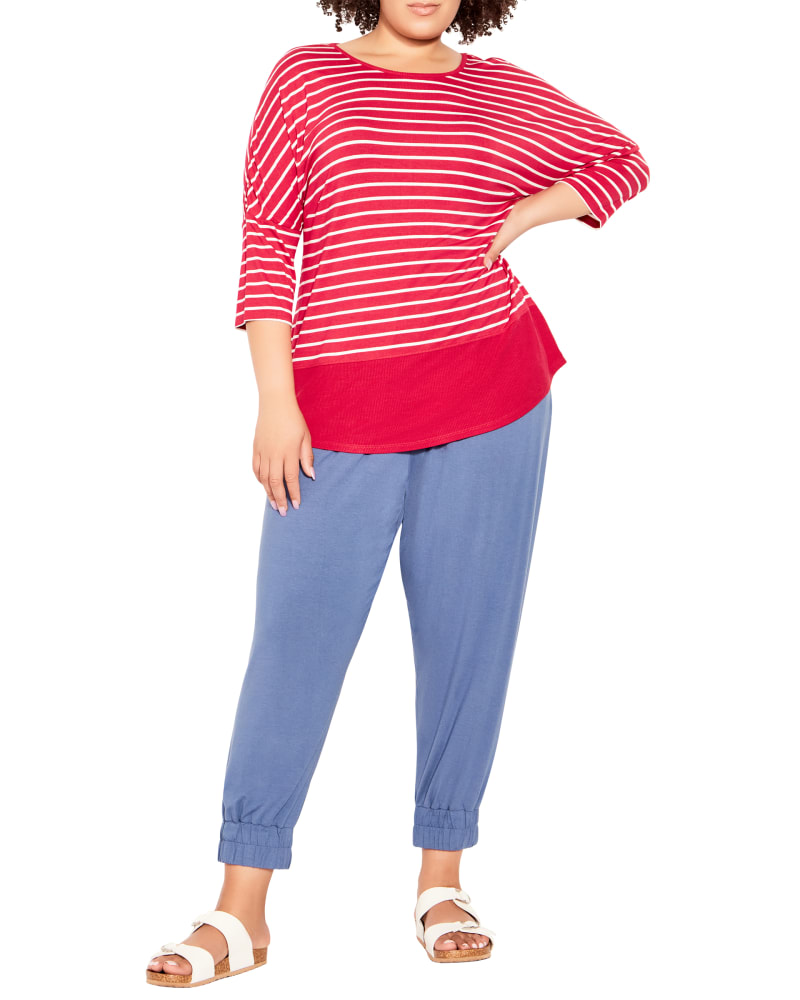 Front of a model wearing a size 18 Kiara Stripe Ribbed Top in Watermelon/ White by Zim & Zoe. | dia_product_style_image_id:298682